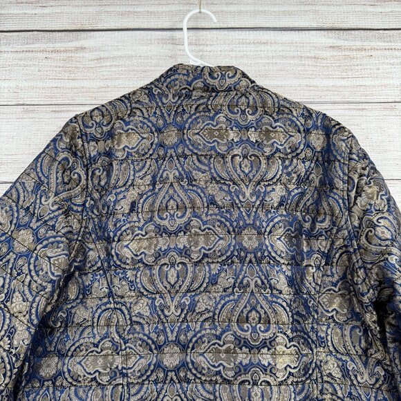 Chico's Quilt Lined Tapestry Jacket Womens Size 3/16/XL Blue/Metallic Open Front - Picture 4 of 14